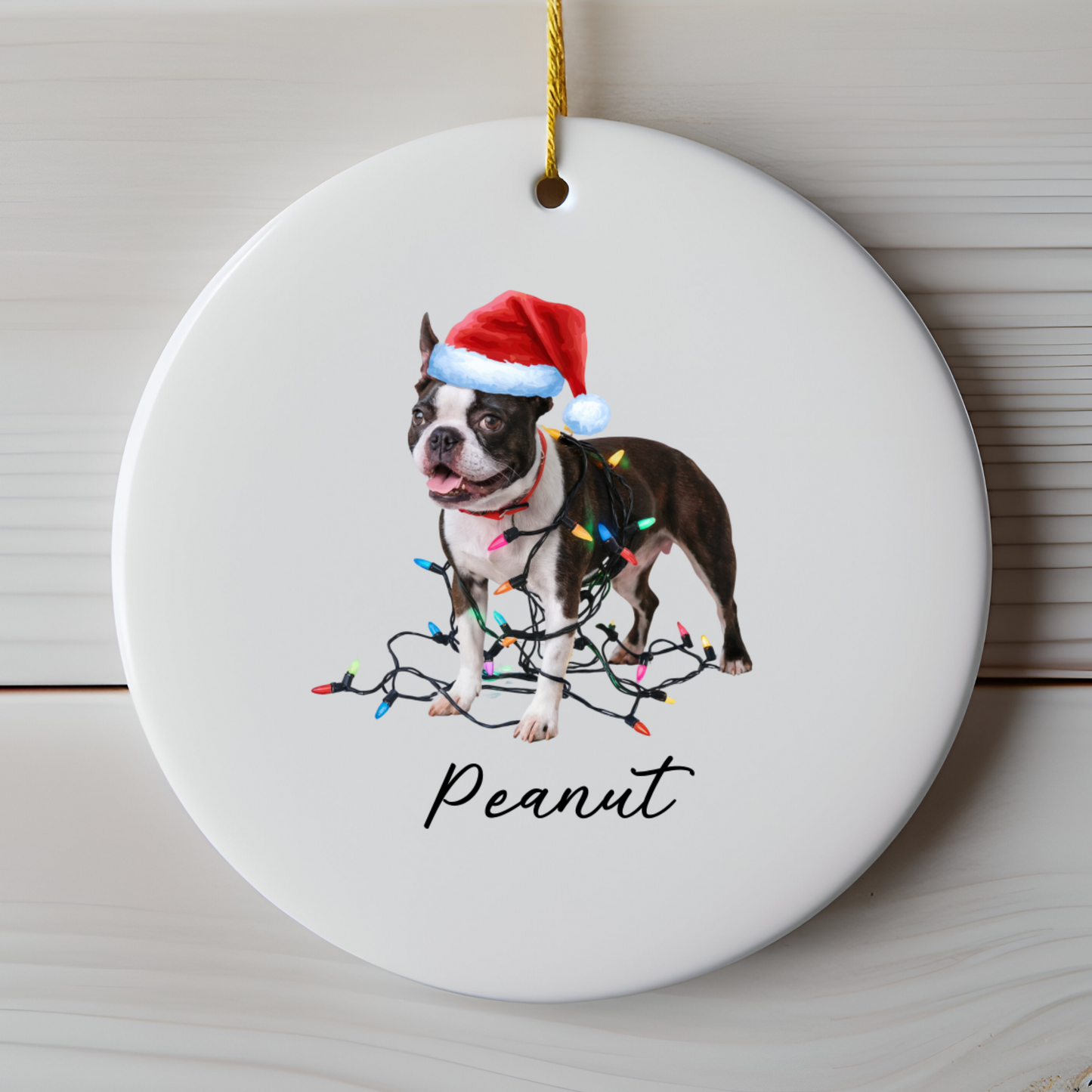 Personalized Boston Terrier Christmas Ornament, Ceramic Dog Lover Gift, Festive Lights Tree Decor