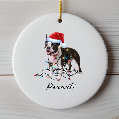 Personalized Boston Terrier Christmas Ornament, Ceramic Dog Lover Gift, Festive Lights Tree Decor