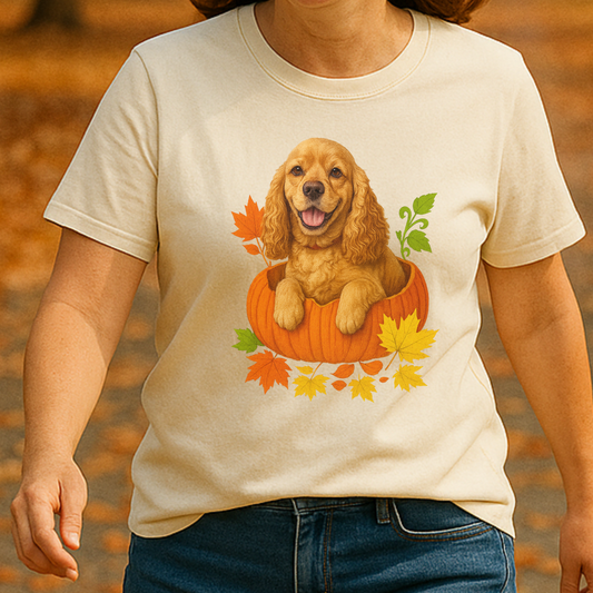 Cocker Spaniel in Pumpkin Fall Shirt, Cute Autumn Dog Tee for Cocker Lovers