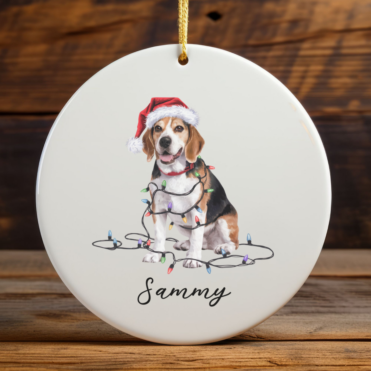 Personalized Beagle Christmas Ornament, Ceramic Dog Holiday Keepsake, Santa Hat Lights Beagle