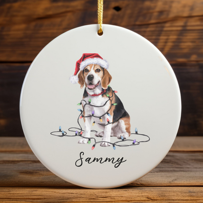 Personalized Beagle Christmas Ornament, Ceramic Dog Holiday Keepsake, Santa Hat Lights Beagle