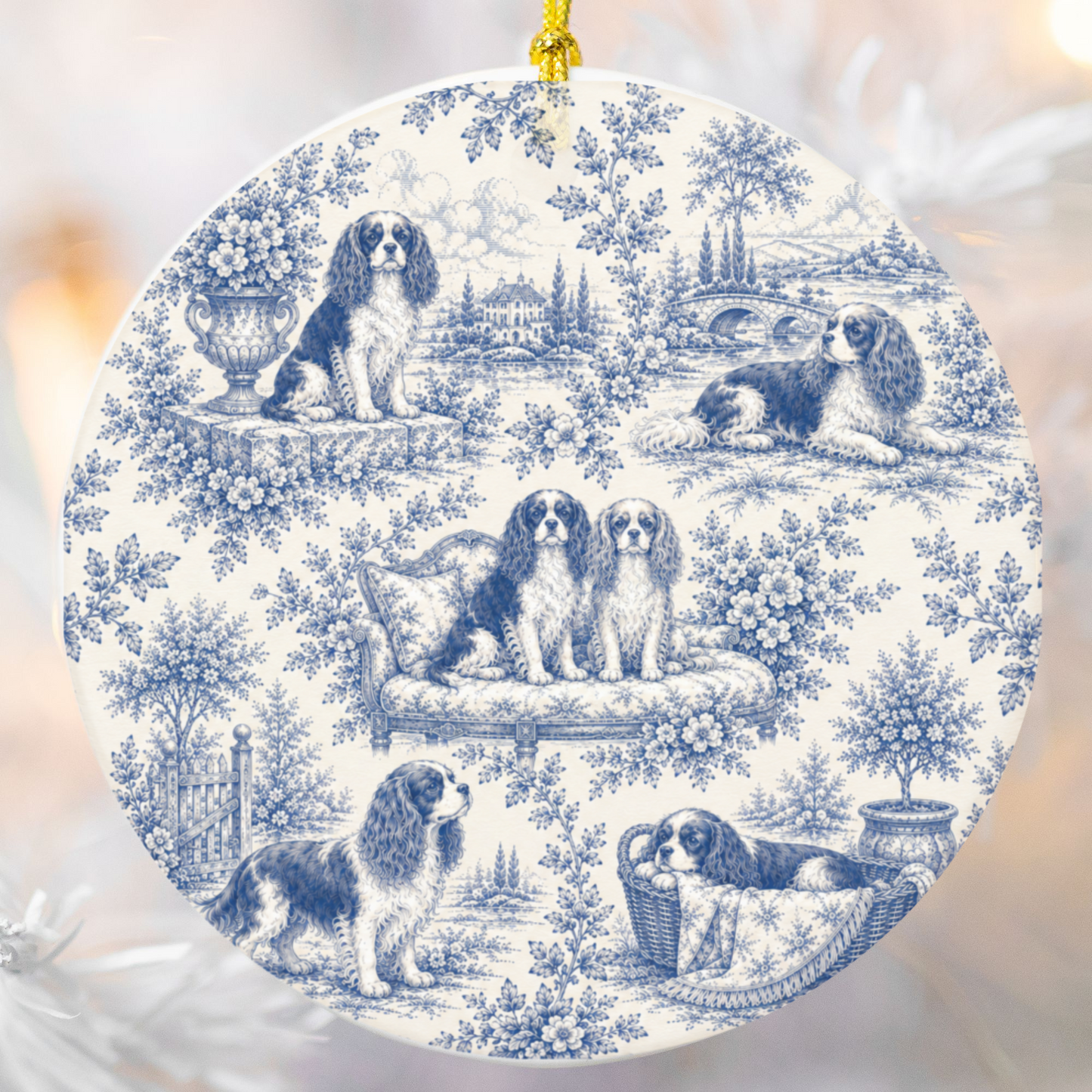 Cavalier French Blue Toile Dog Ornament