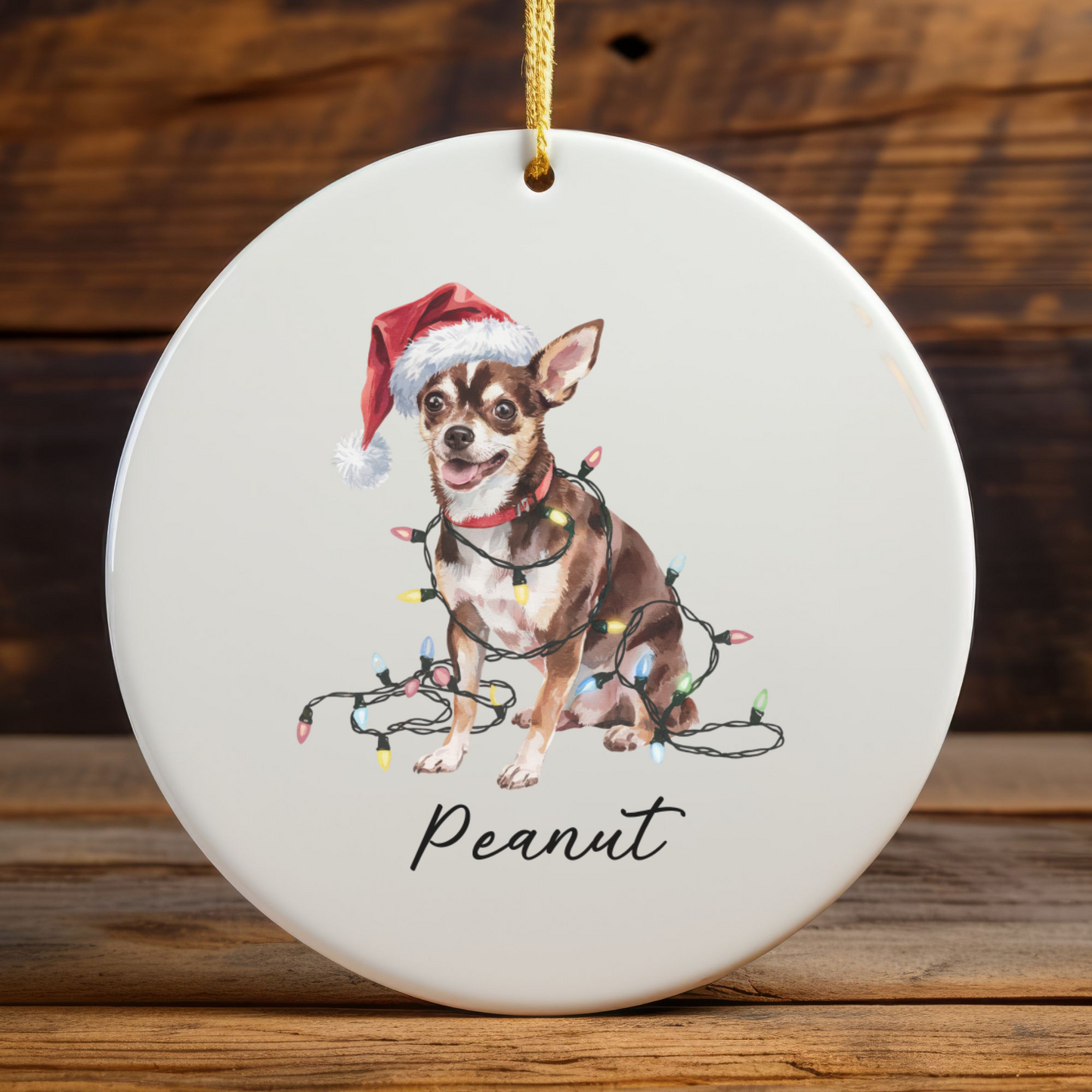 Personalized Black Chihuahua Christmas Ornament, Santa Hat Lights Ceramic Keepsake