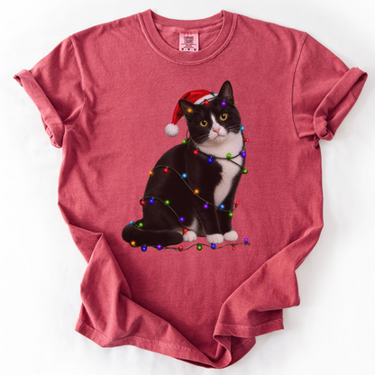 Tuxedo Cat Christmas Lights Shirt, Comfort Colors Holiday Cat Lover Tee