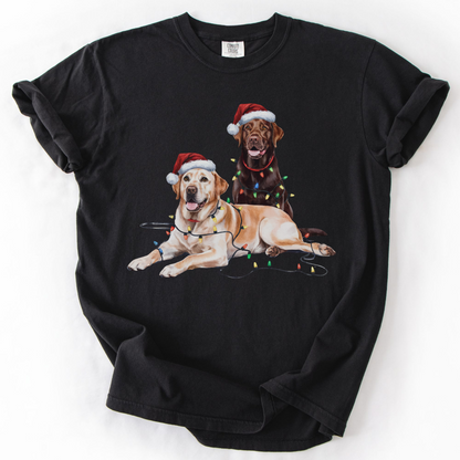 Yellow and Chocolate Labrador Christmas Shirt, Dog Santa Hat Tee, Festive Holiday Dog Art, Labrador Retriever Gift