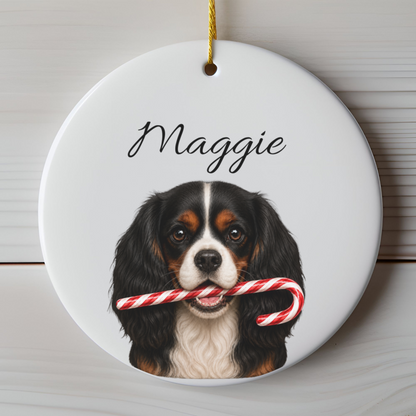 Personalized Tricolor Cavalier Candy Cane Ornament