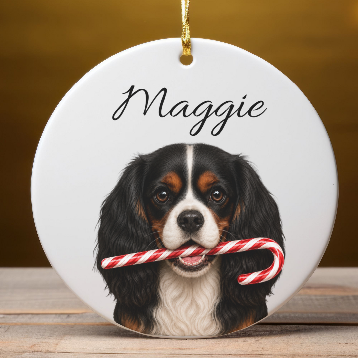 Personalized Tricolor Cavalier Candy Cane Ornament