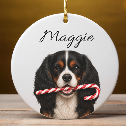 Personalized Tricolor Cavalier Candy Cane Ornament