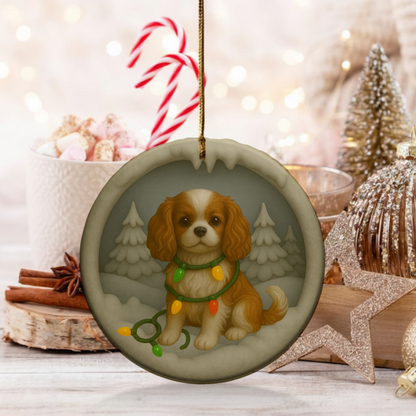 Personalizable Cavalier King Charles Christmas Ornament, Custom Cavie with Holiday Lights Keepsake