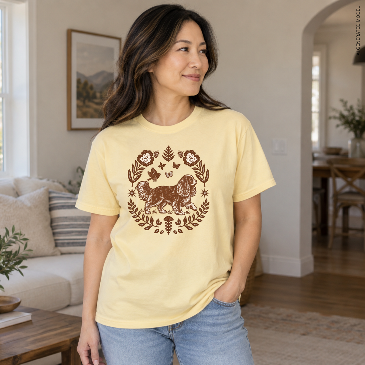 Ruby Cavalier Comfort Colors Shirt, Folk Art King Charles Spaniel Tee, Dog Gift