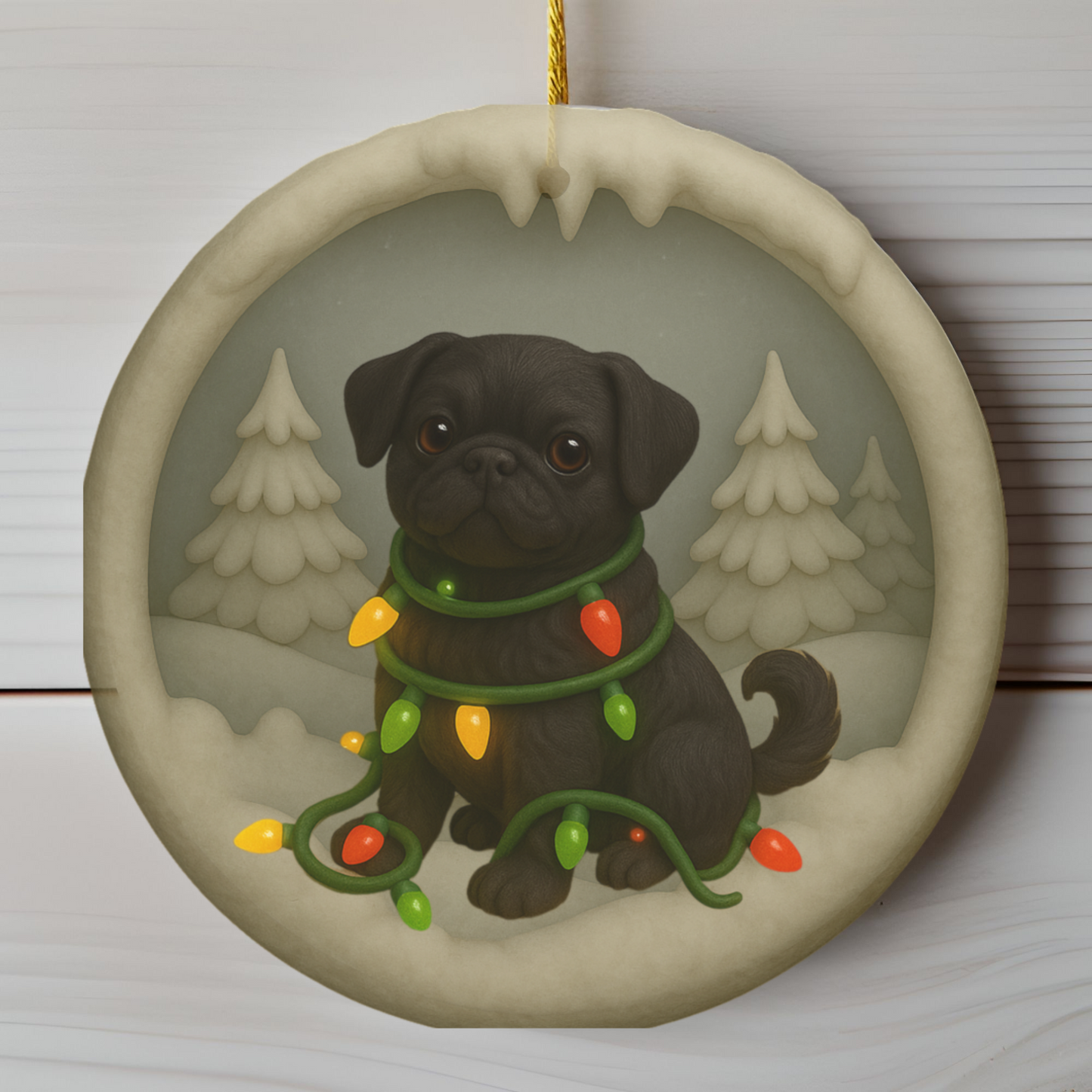Personalized Black Pug Christmas Ornament, 3D Clay-Style Dog Keepsake with Lights