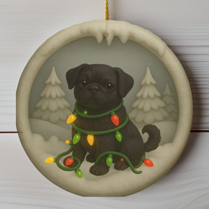 Personalized Black Pug Christmas Ornament, 3D Clay-Style Dog Keepsake with Lights