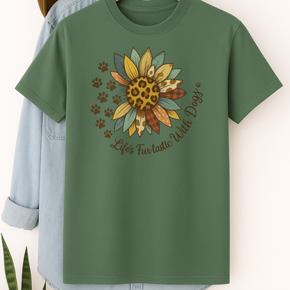 Life’s Furtastic With Dogs T-Shirt – Sunflower & Paw Print Tee for Dog Moms and Pet Lovers