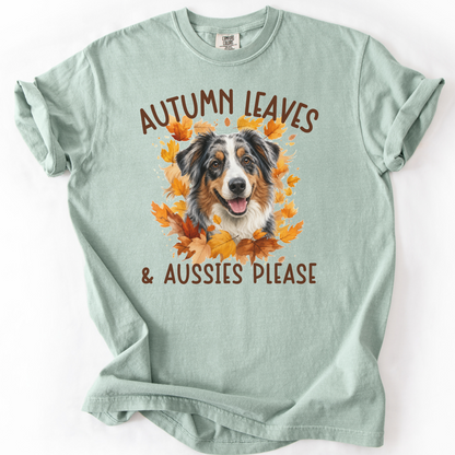 Australian Shepherd Fall Comfort Colors Dog Mom Shirt, Autumn Leaves & Aussies Please