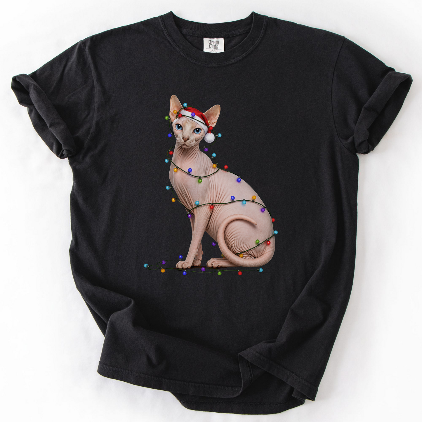 Sphynx Cat Christmas Lights Shirt, Comfort Colors Holiday Cat Lover Tee