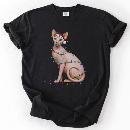 Sphynx Cat Christmas Lights Shirt, Comfort Colors Holiday Cat Lover Tee