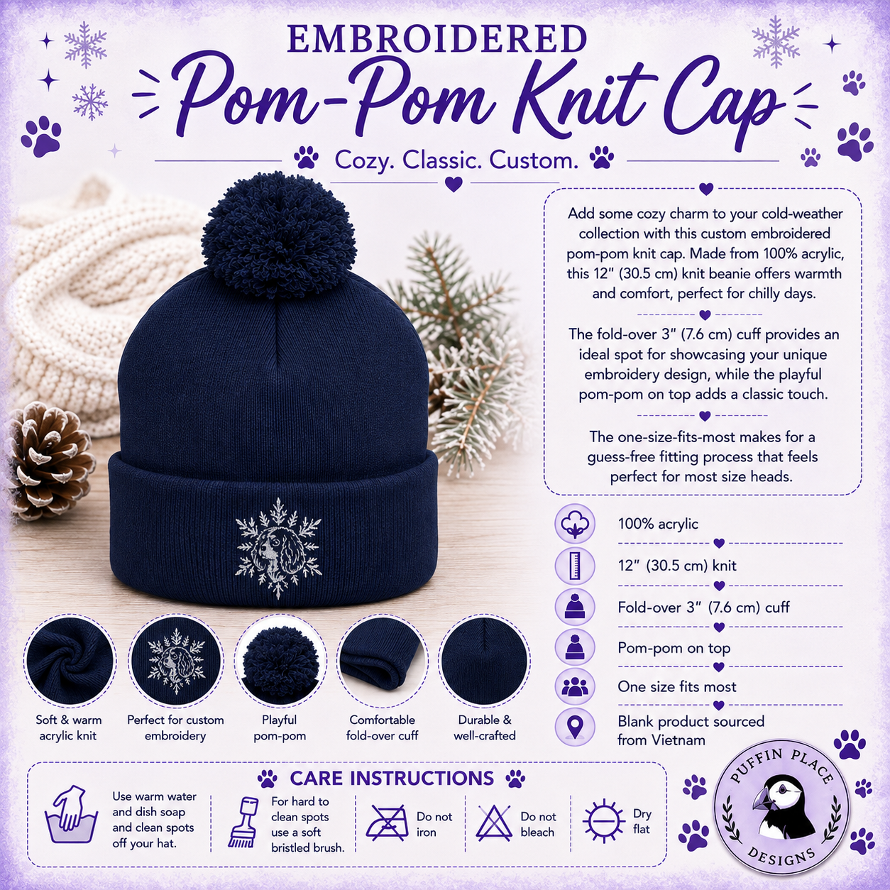 Pitbull Pom Pom Beanie, Embroidered Pit Bull Snowflake Winter Hat, Pitbull Lover Gift, Dog Mom Gift