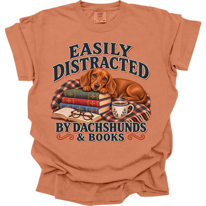 Red Dachshund Shirt, Easily Distracted by Dachshunds and Books, Doxie Mom Book Lover Tee