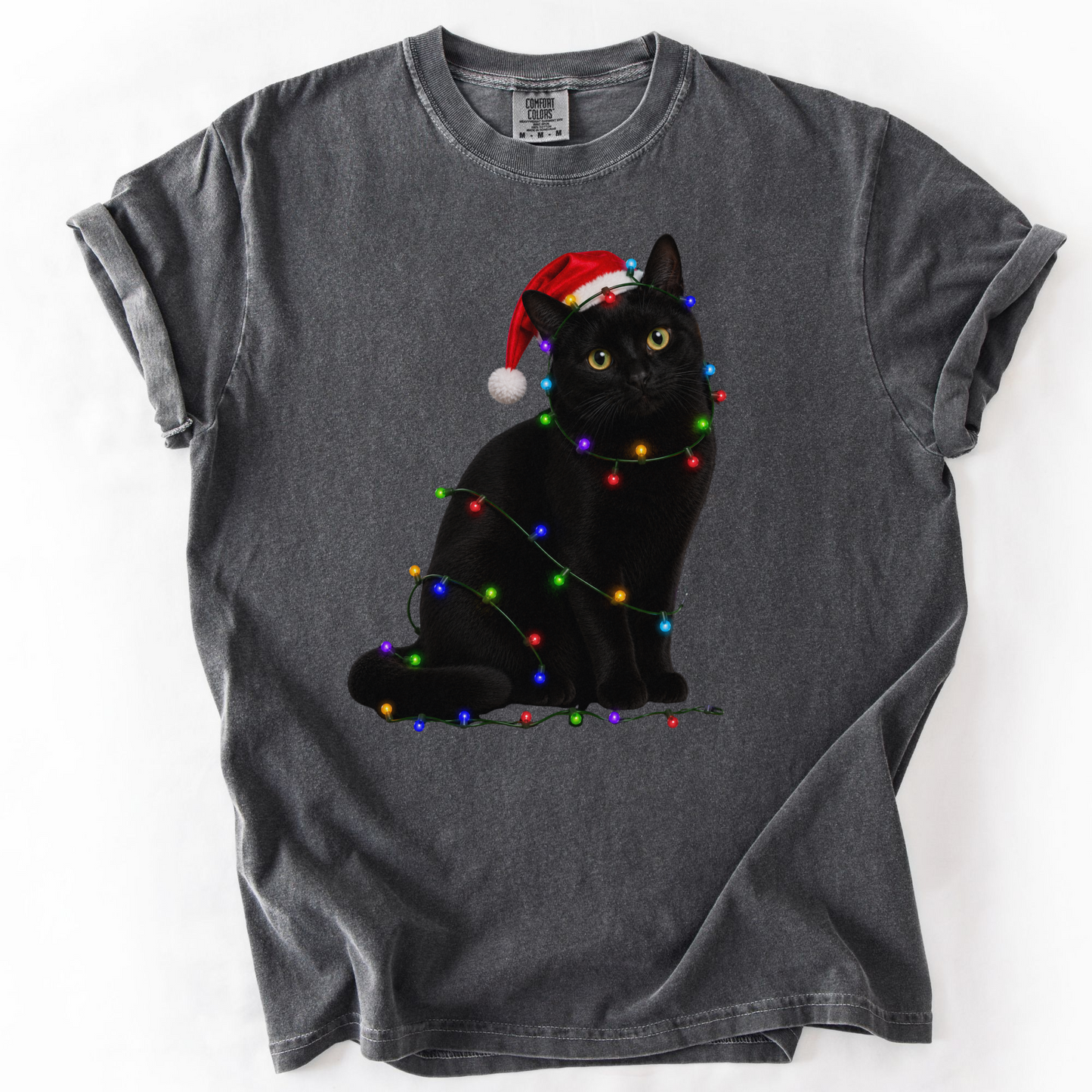 Black Cat Christmas Lights Shirt, Comfort Colors Holiday Cat Lover Tee