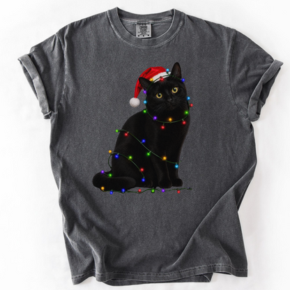 Black Cat Christmas Lights Shirt, Comfort Colors Holiday Cat Lover Tee