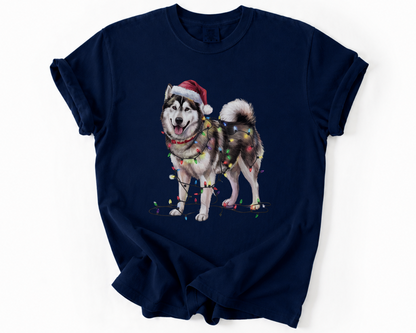 Alaskan Malamute Christmas Lights Dog Shirt, Festive Mally Holiday Tee for Dog Lovers
