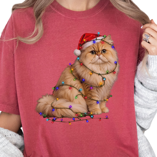 Persian Cat Christmas Lights Shirt, Comfort Colors Holiday Cat Lover Tee