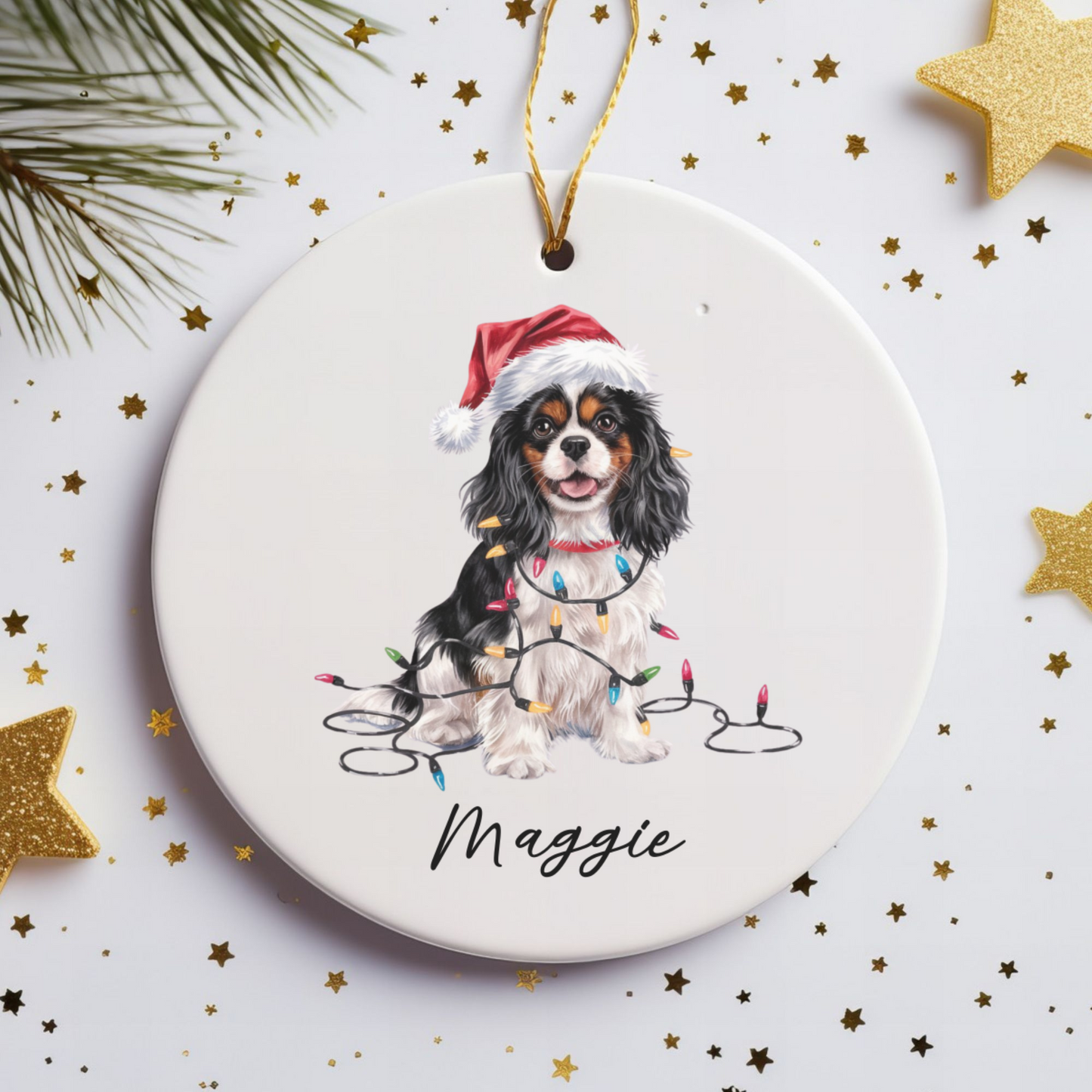 Personalized Tricolor Cavalier King Charles Spaniel Christmas Ornament, Ceramic Dog Lover Gift