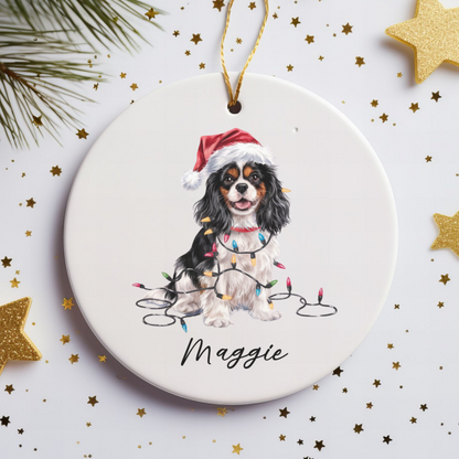 Personalized Tricolor Cavalier King Charles Spaniel Christmas Ornament, Ceramic Dog Lover Gift
