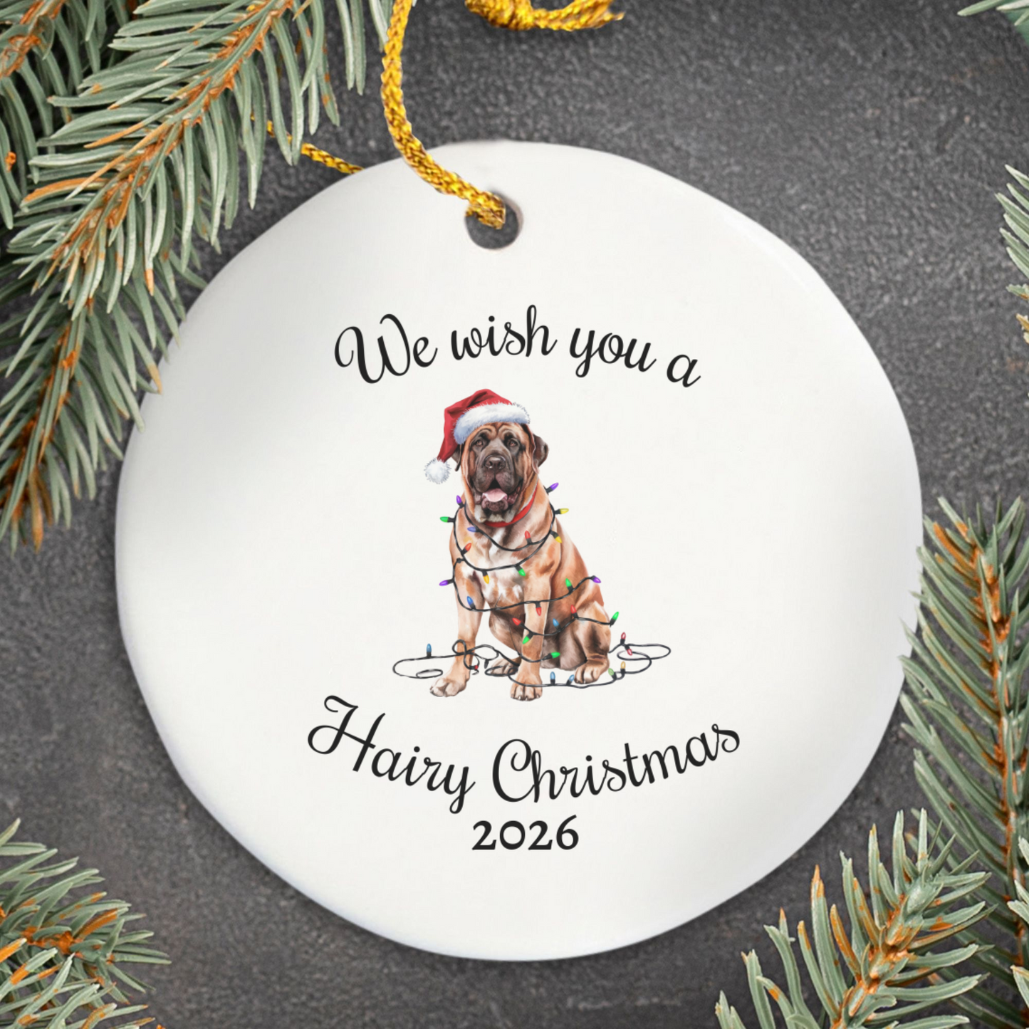Christmas Mastiff Ornament, Christmas Lights Dog Keepsake