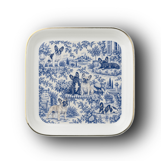 French Bulldog Jewelry Dish, Blue Toile Frenchie Ring Dish, Dog Lover Gift, Trinket Tray