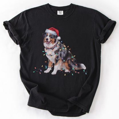 Australian Shepherd Christmas Lights Dog Shirt, Festive Aussie Holiday Tee for Dog Lovers