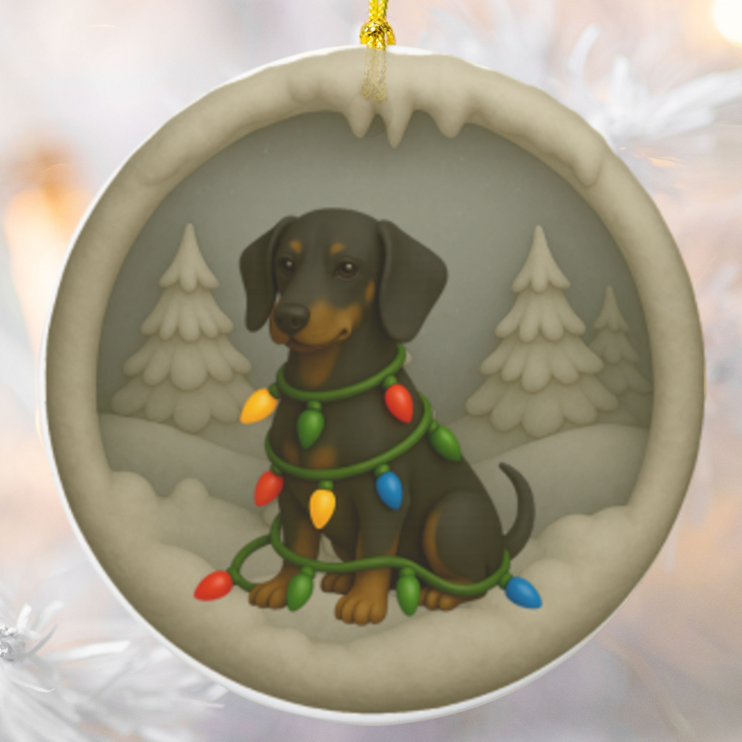 Personalized Black & Tan Dachshund Christmas Ornament, 3D Clay-Style Dog Keepsake with Lights