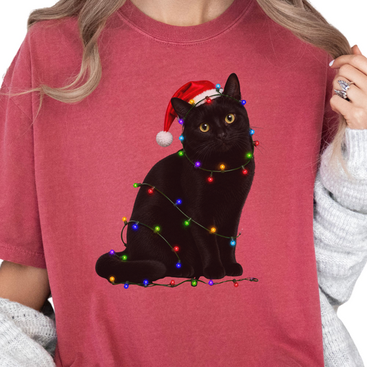 Black Cat Christmas Lights Shirt, Comfort Colors Holiday Cat Lover Tee