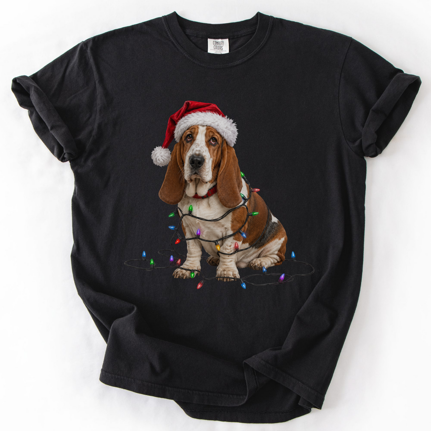 Basset Hound Christmas Lights Shirt, Festive Holiday Tee for Dog Moms & Dads