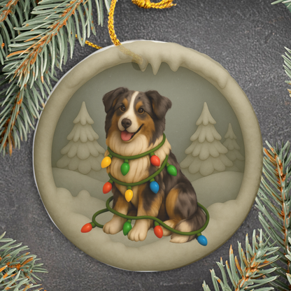 Personalizable Australian Shepherd Christmas Ornament, Custom Aussie with Holiday Lights Keepsake