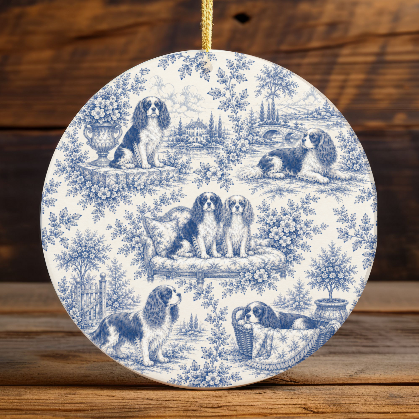 Cavalier French Blue Toile Dog Ornament