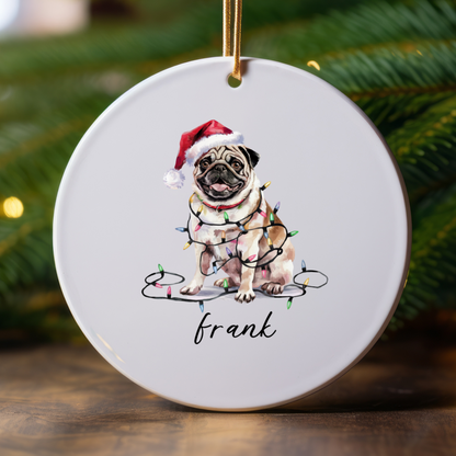 Pug Christmas Ornament, Personalized Tan Pug Keepsake