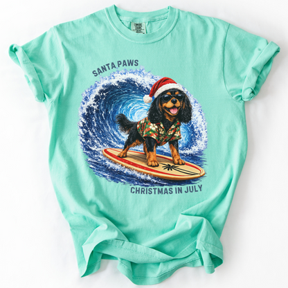 Christmas in July Gift for Black and Tan Cavalier Lovers, Santa Paws Beach Shirt