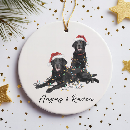Personalized Black Lab Christmas Ornament: Festive Dog Duo with Lights, Ceramic Keepsake