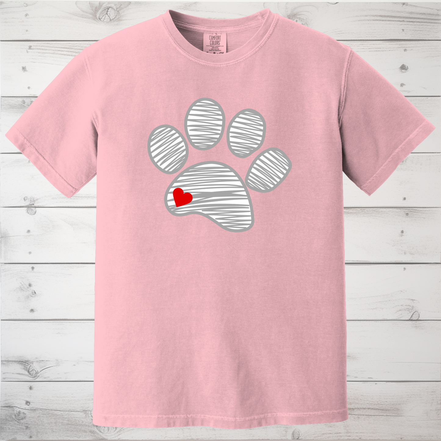 Sketched Paw Print Heart T-Shirt – Minimalist Dog Lover Tee with Cute Red Heart Design