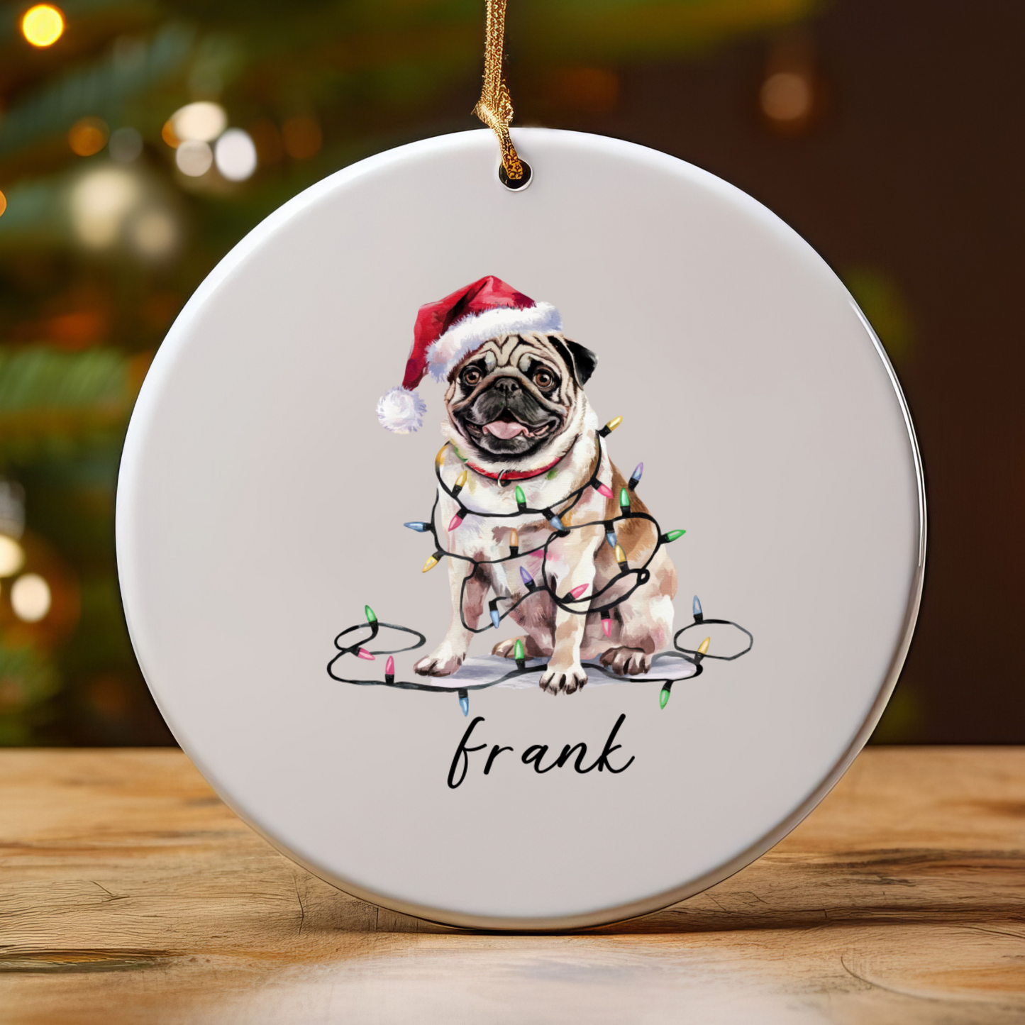 Pug Christmas Ornament, Personalized Tan Pug Keepsake