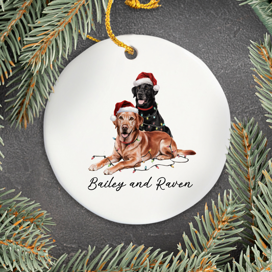 Personalized Red Fox and Black Labrador Christmas Lights Ornament