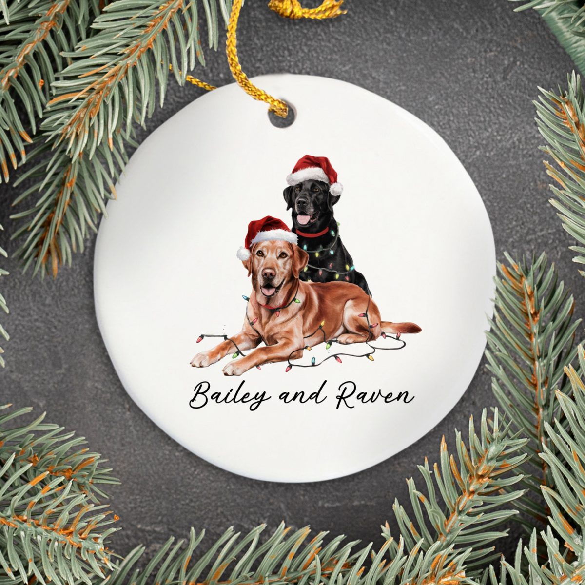 Personalized Pet Ornament, Red Fox and Black Labrador Keepsake, Custom Dog Christmas Gift, Festive Christmas Tree Decoration