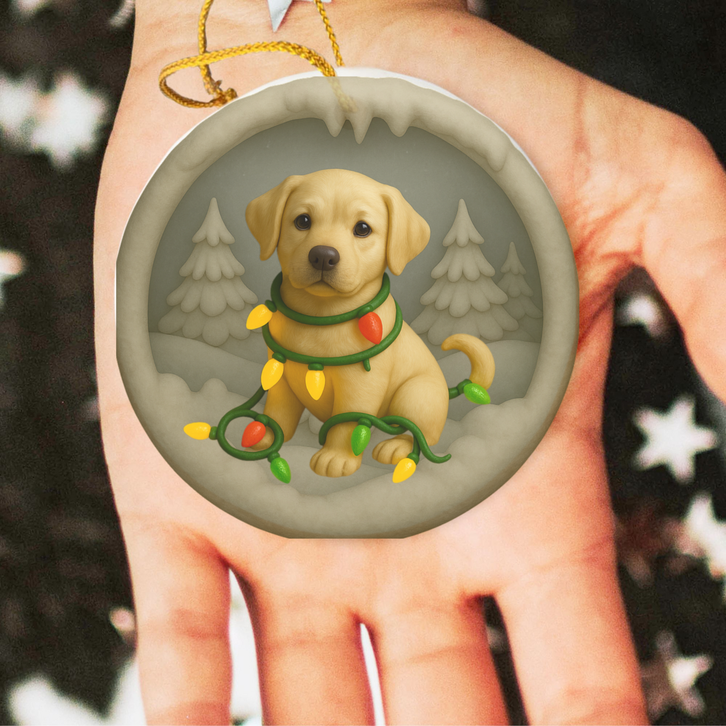 Personalized Yellow Lab Christmas Ornament, Custom Labrador Retriever with Holiday Lights Keepsake