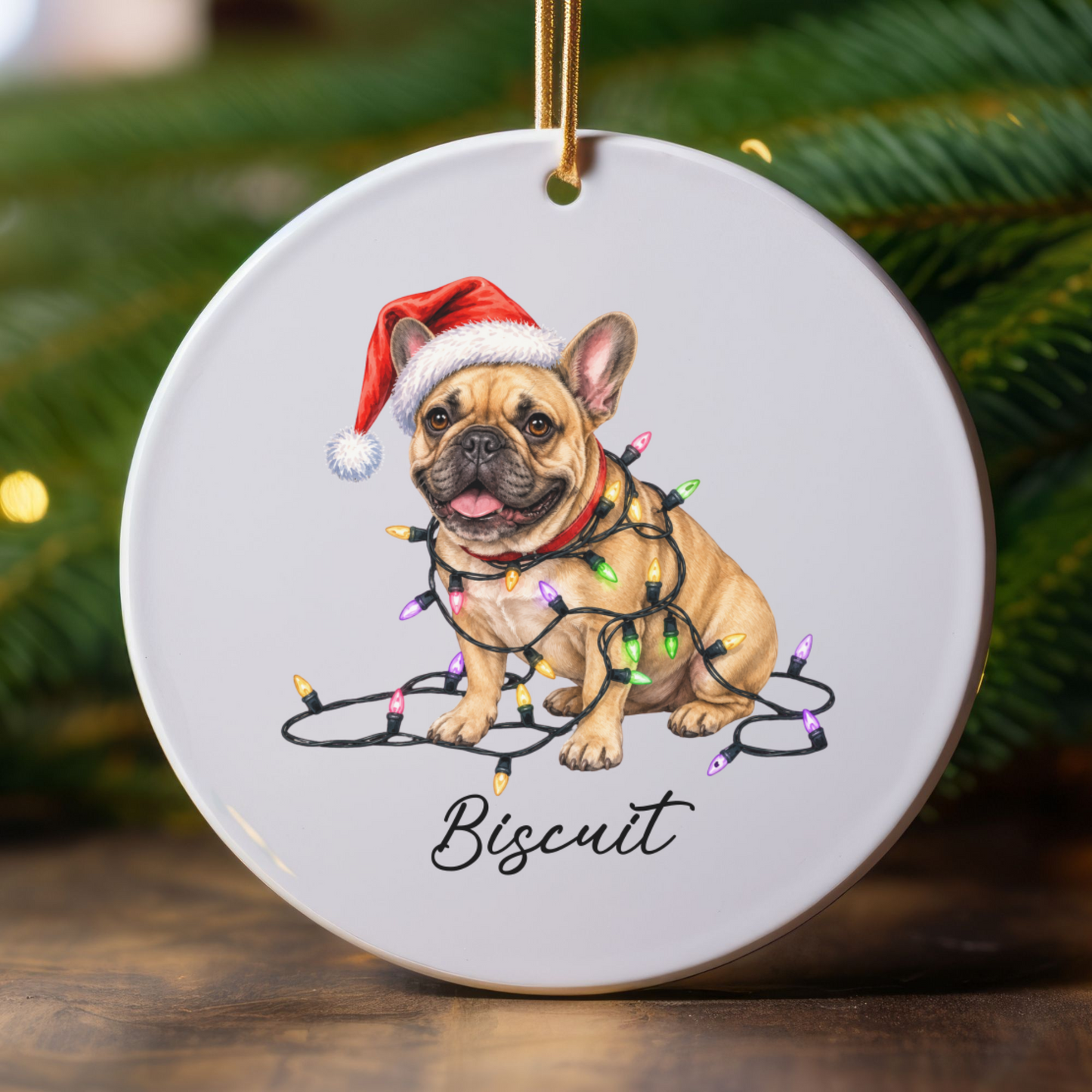 Personalized Fawn French Bulldog Ceramic Ornament, Dog Christmas Gift, Festive Lights Keepsake