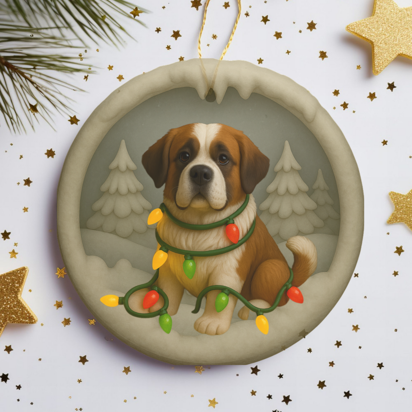 Personalized Saint Bernard Christmas Ornament, 3D Clay-Style Dog Keepsake with Lights