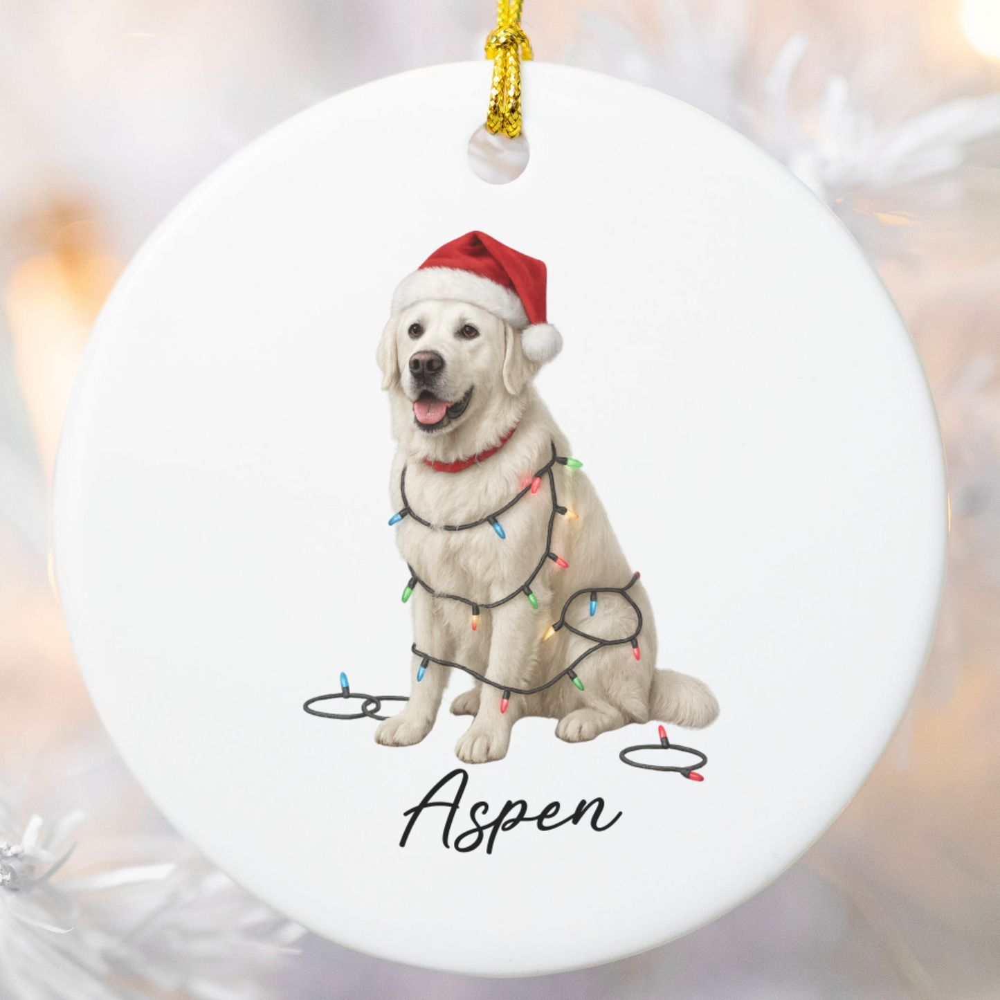 Personalized English Cream Golden Retriever Christmas Lights Ornament