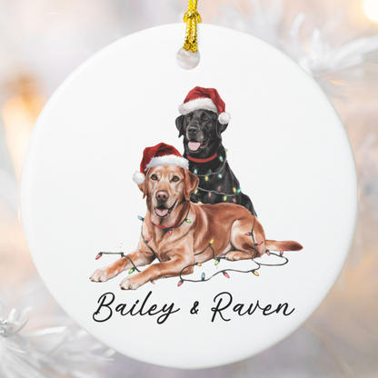 Personalized Red Fox and Black Labrador Christmas Lights Ornament