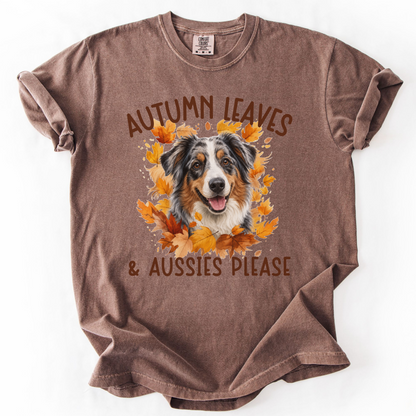 Australian Shepherd Fall Comfort Colors Dog Mom Shirt, Autumn Leaves & Aussies Please
