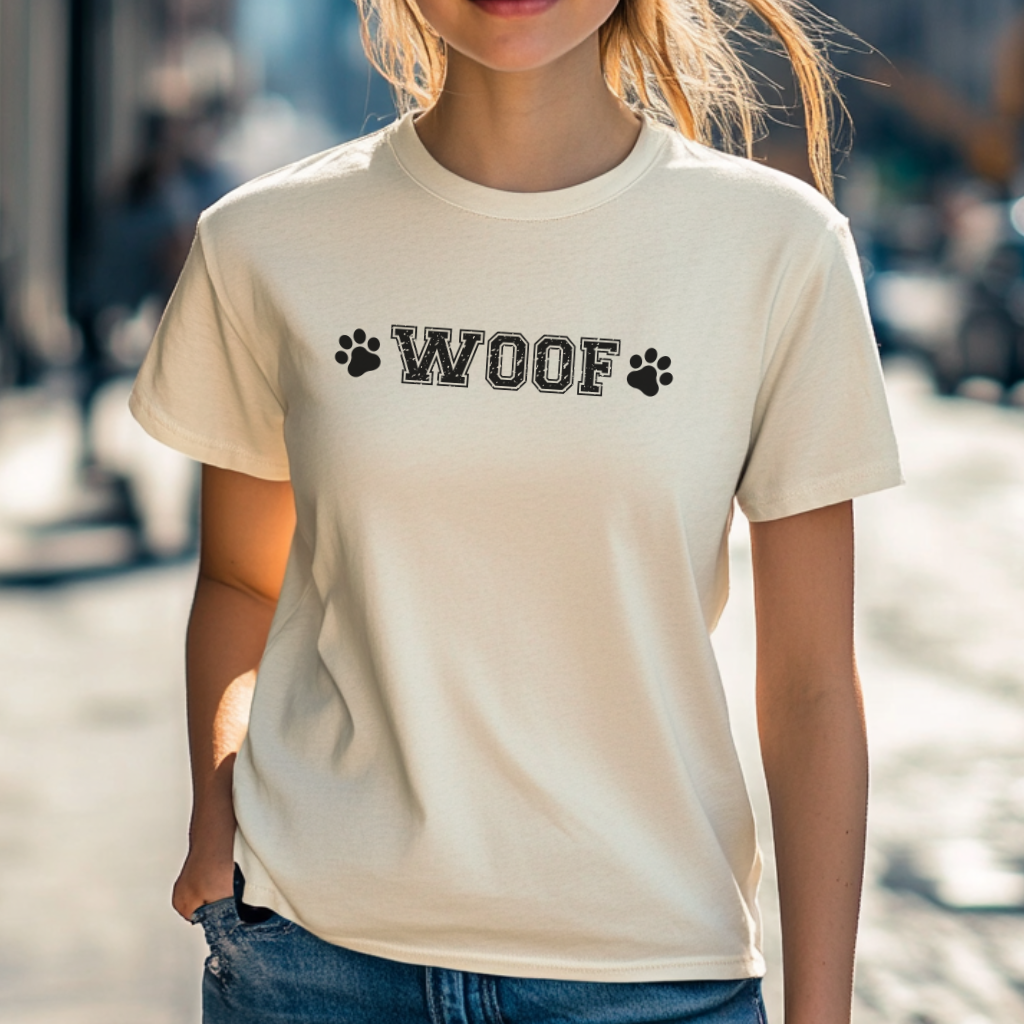 WOOF Dog Lover T-Shirt – Cute Minimalist Paw Print Tee for Pet Parents & Dog Enthusiasts